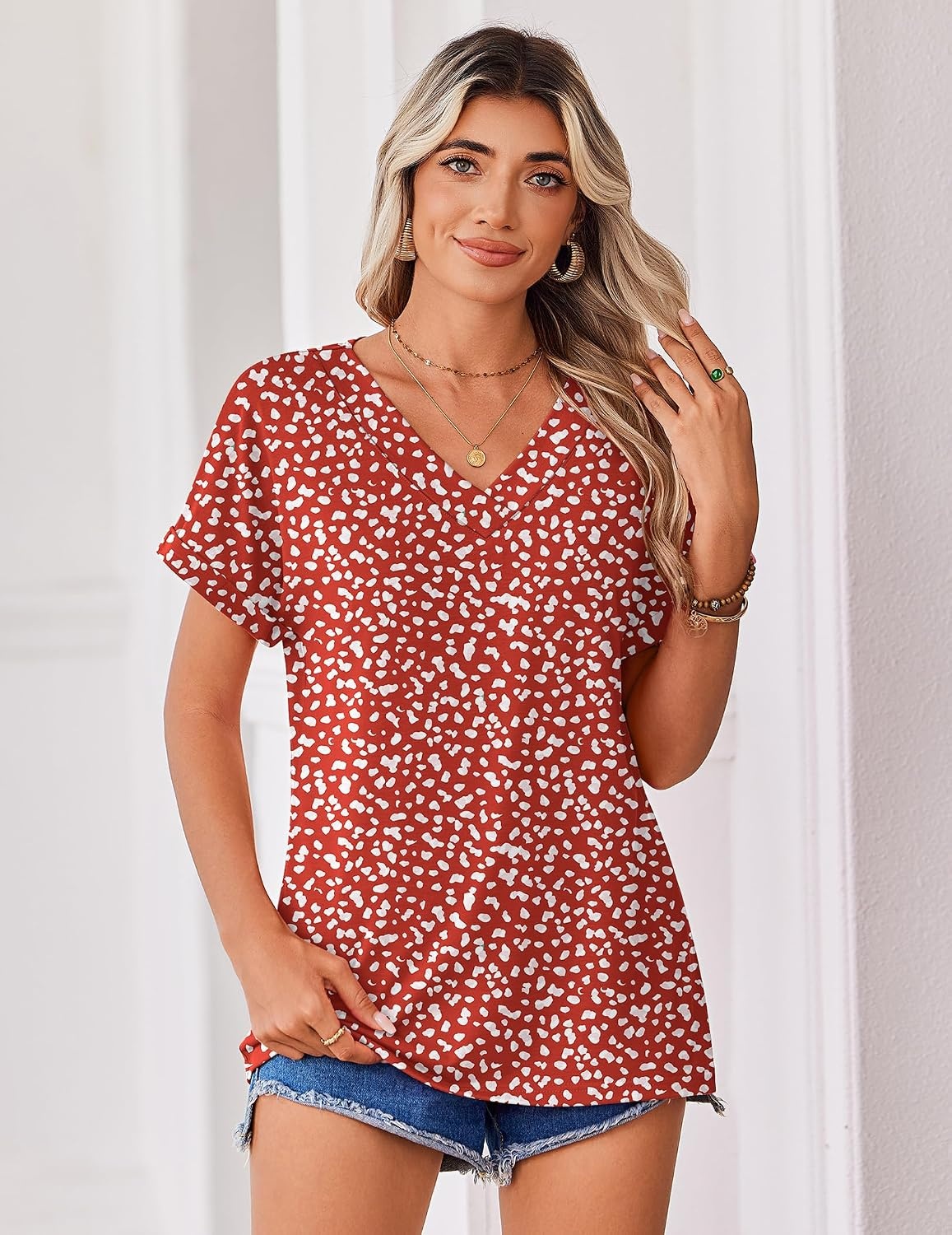 image:imageZeagoo Womens Summer Tops Rolled Short Sleeve Shirts Dressy Casual BlousesRedjh590