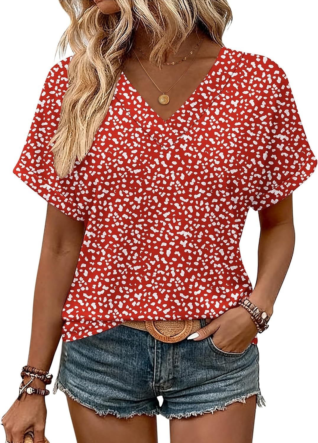 image:imageZeagoo Womens Summer Tops Rolled Short Sleeve Shirts Dressy Casual BlousesRedjh590