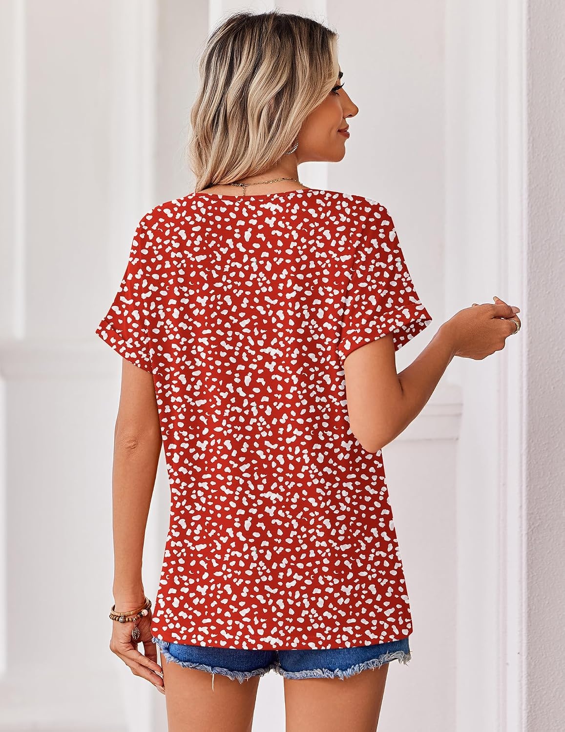 image:imageZeagoo Womens Summer Tops Rolled Short Sleeve Shirts Dressy Casual BlousesRedjh590