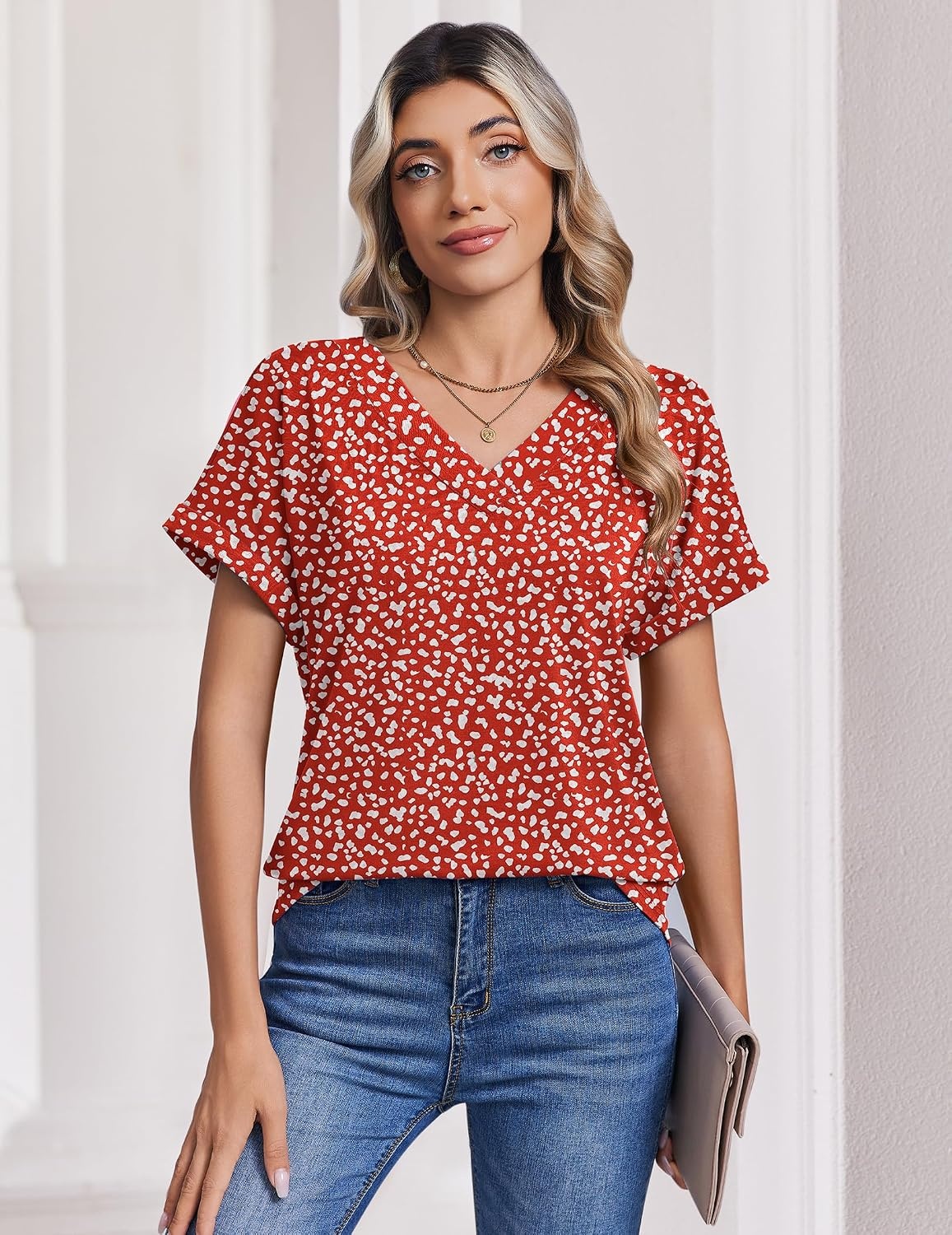 image:imageZeagoo Womens Summer Tops Rolled Short Sleeve Shirts Dressy Casual BlousesRedjh590