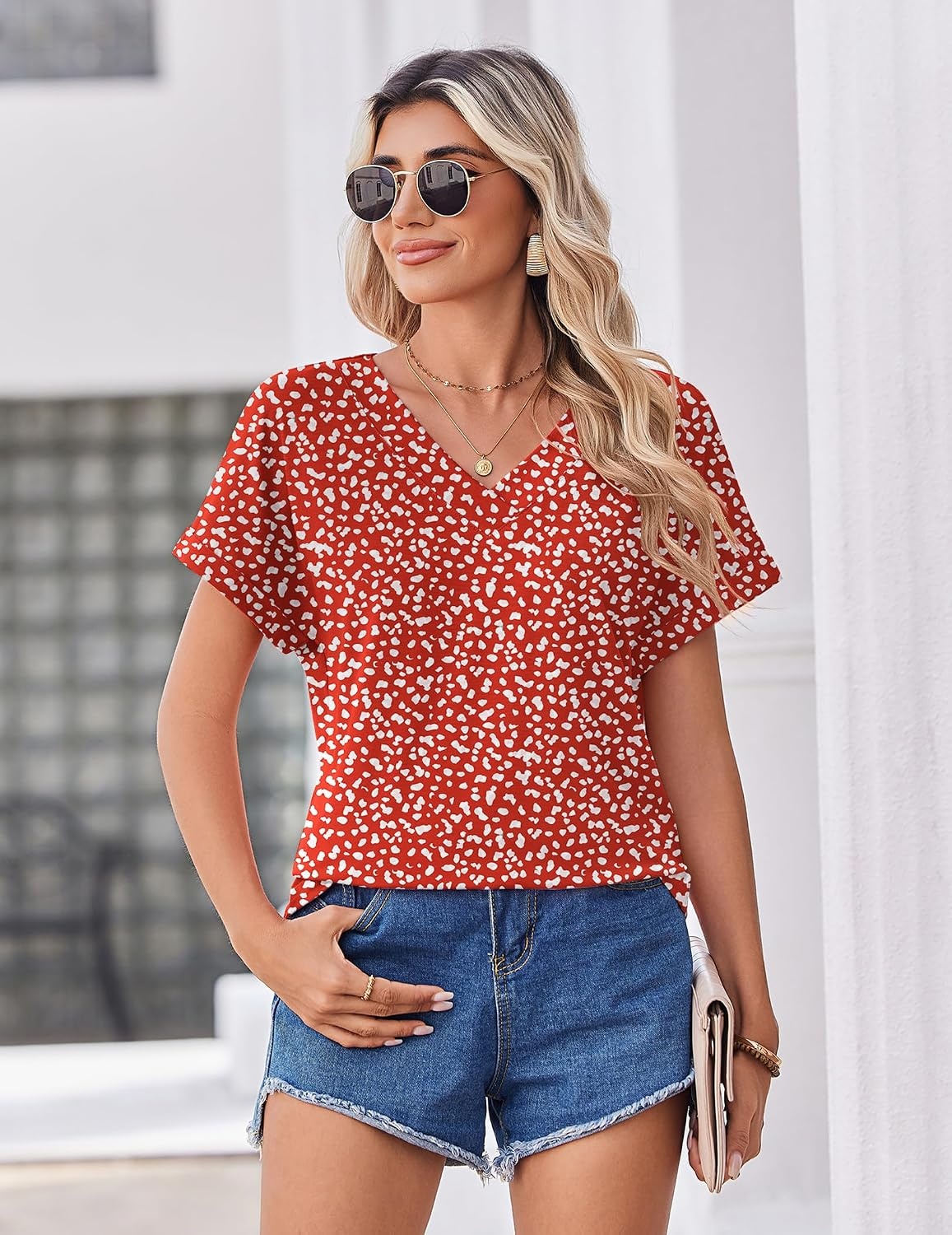 image:imageZeagoo Womens Summer Tops Rolled Short Sleeve Shirts Dressy Casual BlousesRedjh590
