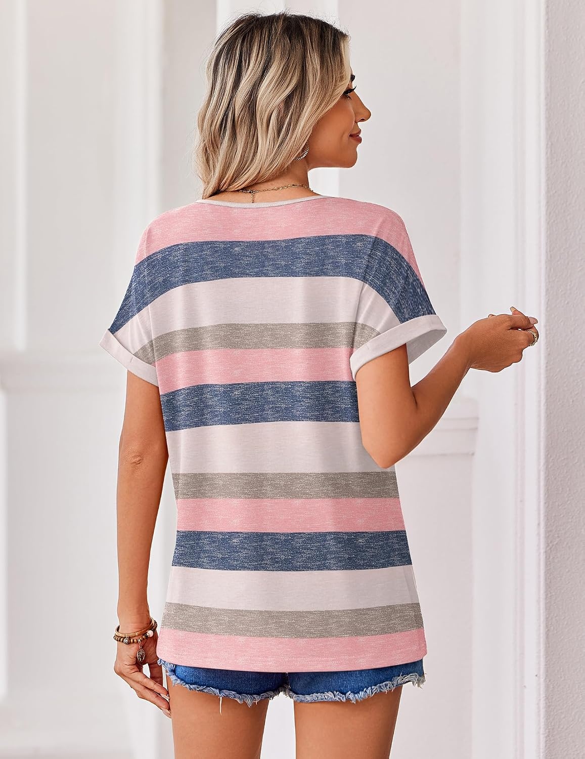 image:imageZeagoo Womens Summer Tops Rolled Short Sleeve Shirts Dressy Casual BlousesStripedtw669