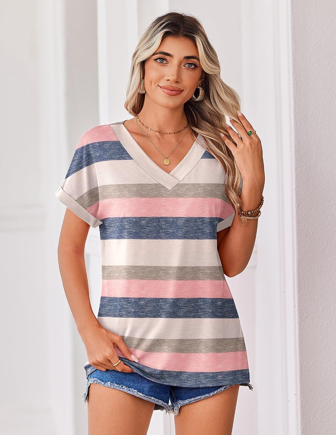 image:imageZeagoo Womens Summer Tops Rolled Short Sleeve Shirts Dressy Casual BlousesStripedtw669