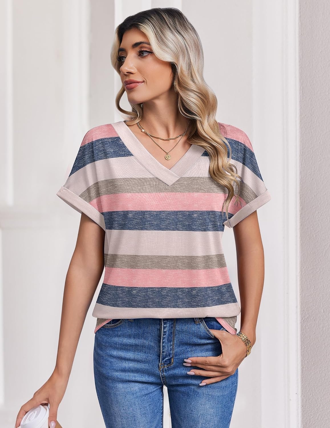 image:imageZeagoo Womens Summer Tops Rolled Short Sleeve Shirts Dressy Casual BlousesStripedtw669