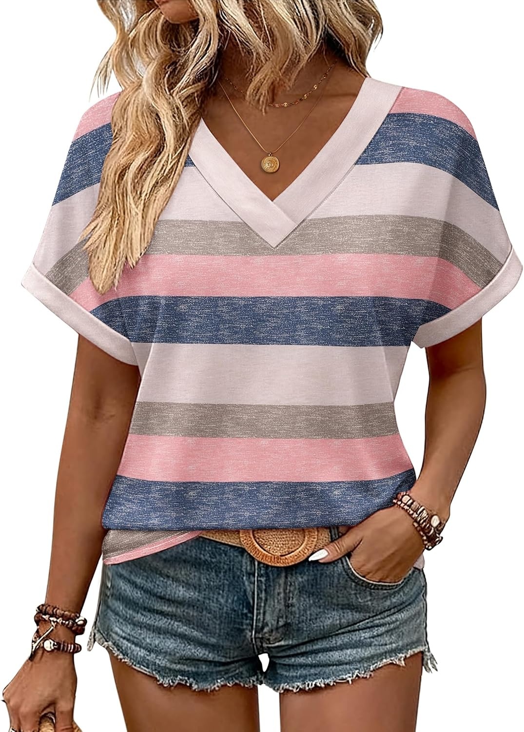 image:imageZeagoo Womens Summer Tops Rolled Short Sleeve Shirts Dressy Casual BlousesStripedtw669