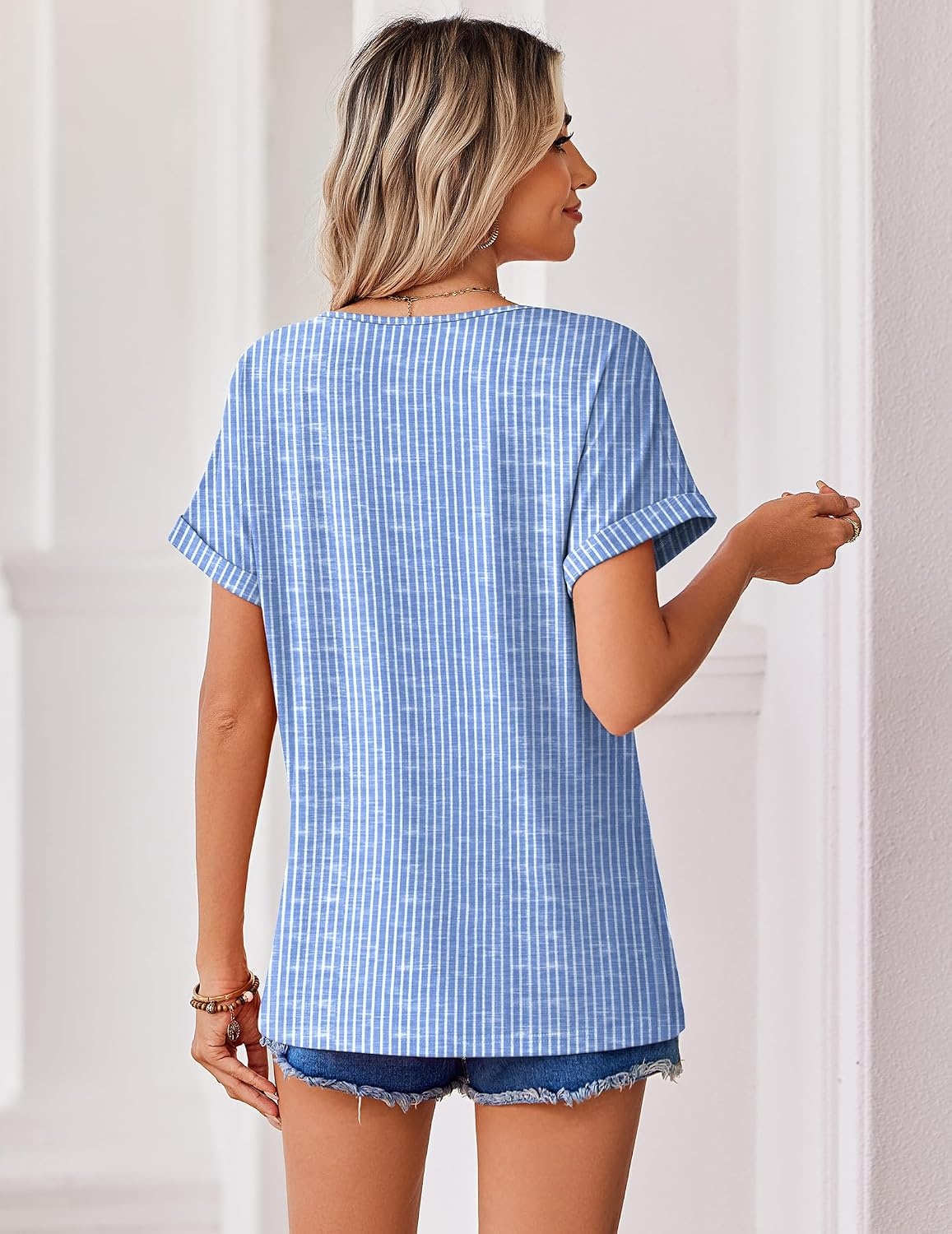 image:imageZeagoo Womens Summer Tops Rolled Short Sleeve Shirts Dressy Casual BlousesStripetz273