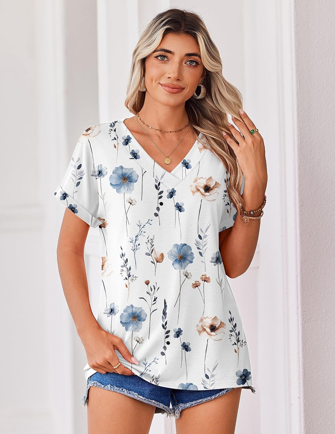 image:imageZeagoo Womens Summer Tops Rolled Short Sleeve Shirts Dressy Casual BlousesWhite Flowersbf290