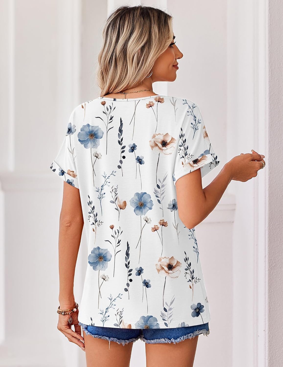 image:imageZeagoo Womens Summer Tops Rolled Short Sleeve Shirts Dressy Casual BlousesWhite Flowersbf290