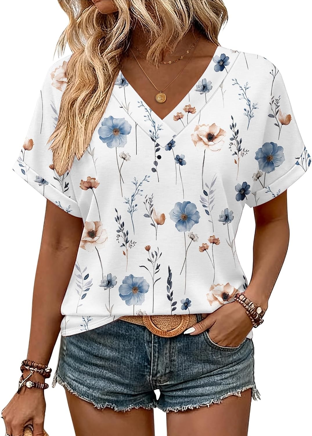 image:imageZeagoo Womens Summer Tops Rolled Short Sleeve Shirts Dressy Casual BlousesWhite Flowersbf290