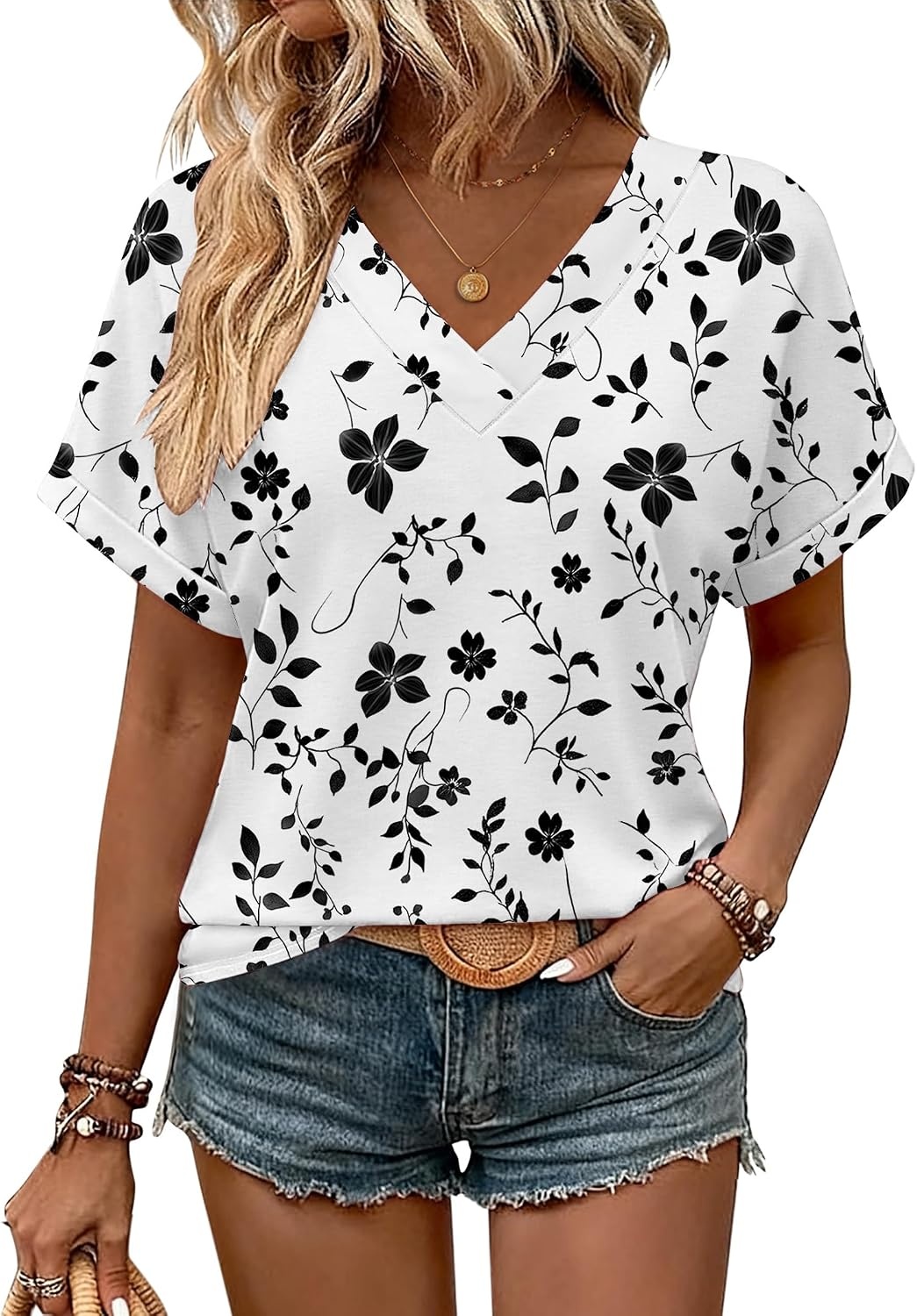 image:imageZeagoo Womens Summer Tops Rolled Short Sleeve Shirts Dressy Casual BlousesWhite Flowersf291