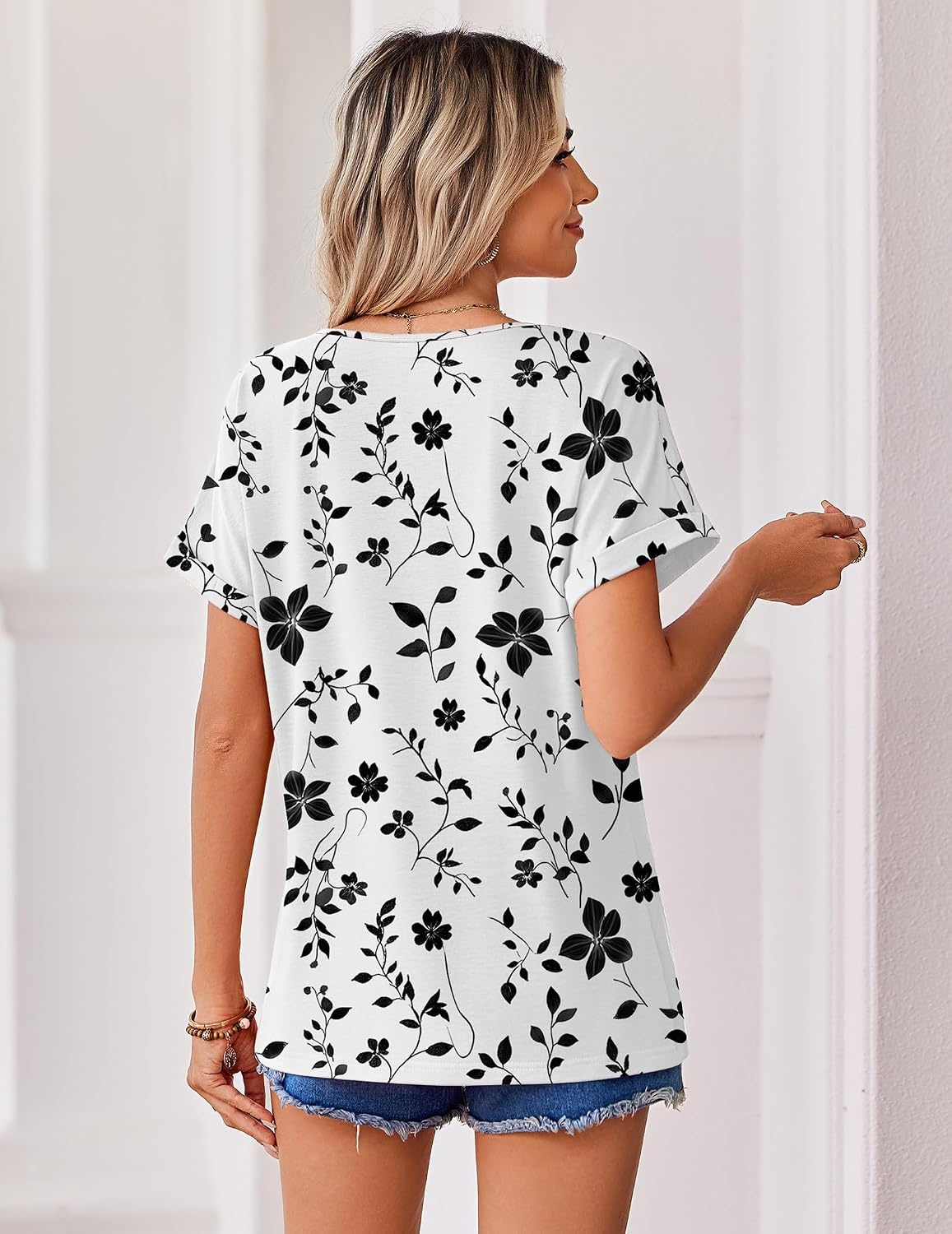 image:imageZeagoo Womens Summer Tops Rolled Short Sleeve Shirts Dressy Casual BlousesWhite Flowersf291