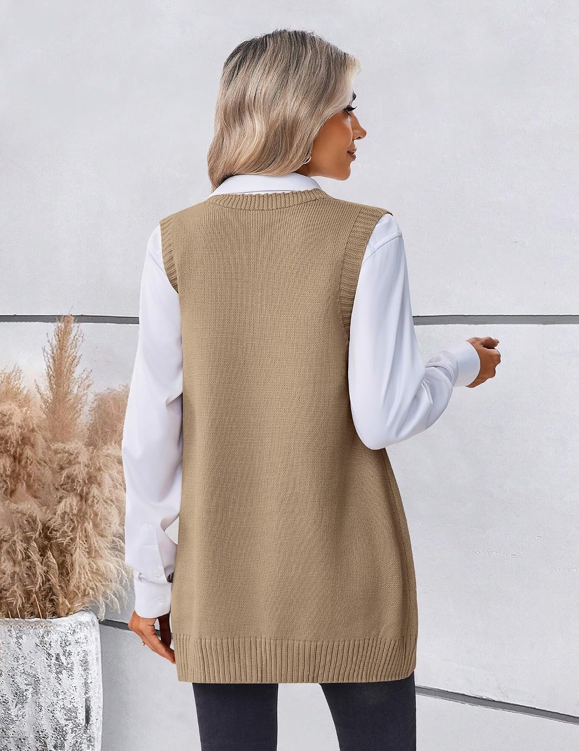 image:imageZeagoo Womens Sweater Vest 2026 Oversized Sleeveless V Neck Pullovers with Pocket Knitted Fall OutfitsKhaki