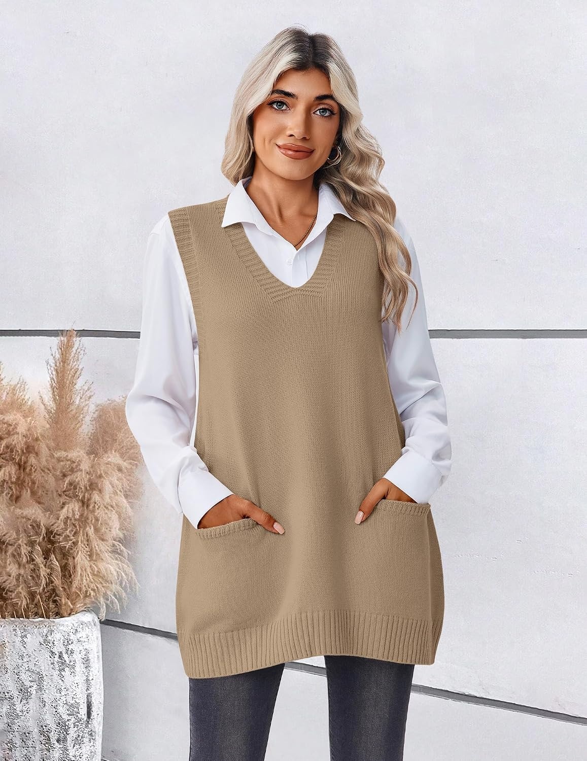 image:imageZeagoo Womens Sweater Vest 2026 Oversized Sleeveless V Neck Pullovers with Pocket Knitted Fall OutfitsKhaki