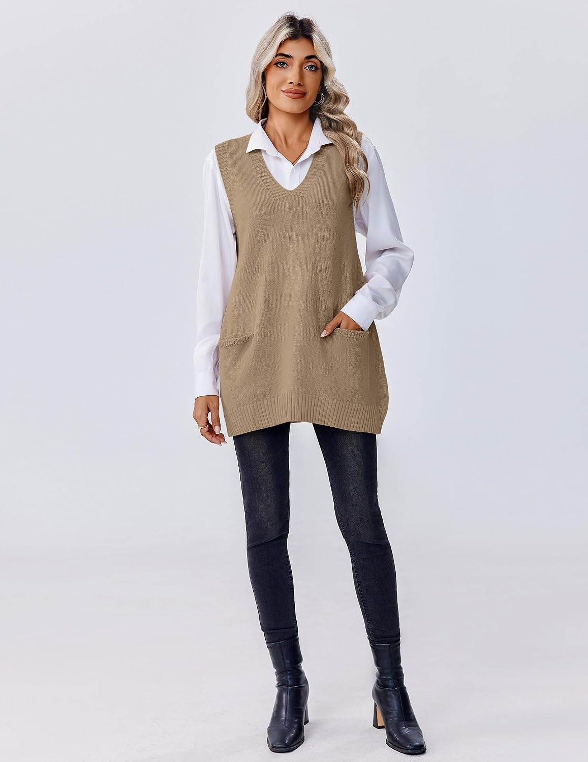 image:imageZeagoo Womens Sweater Vest 2026 Oversized Sleeveless V Neck Pullovers with Pocket Knitted Fall OutfitsKhaki