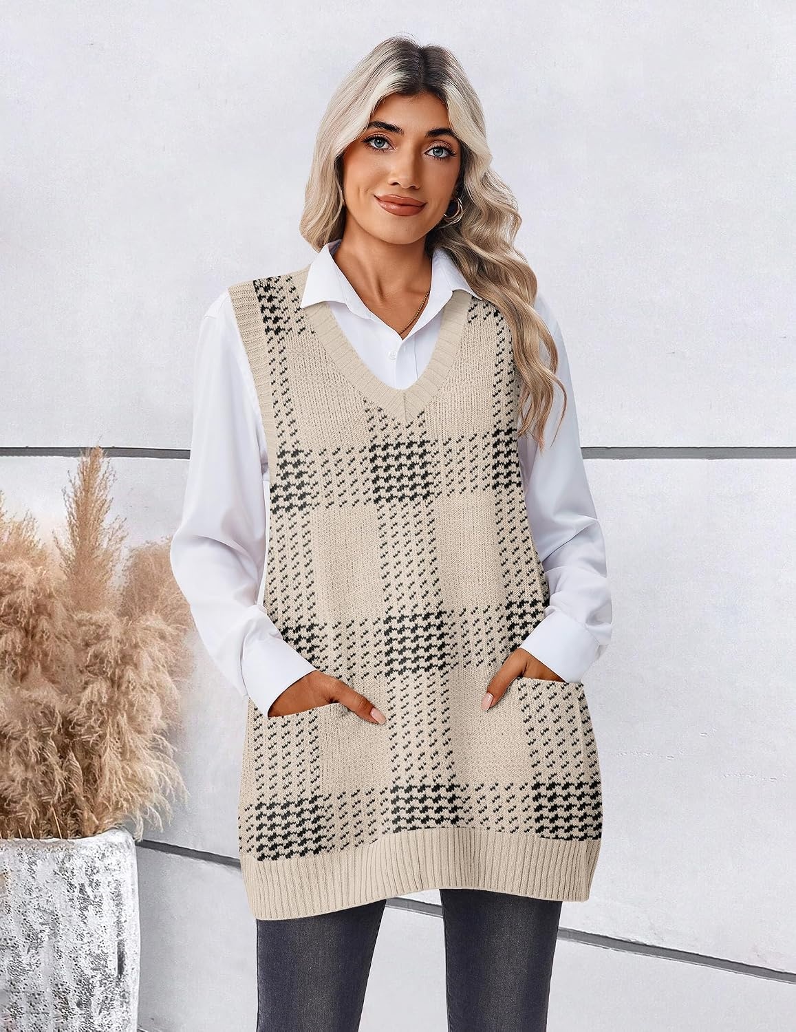 image:imageZeagoo Womens Sweater Vest 2026 Oversized Sleeveless V Neck Pullovers with Pocket Knitted Fall OutfitsKhaki Plaid