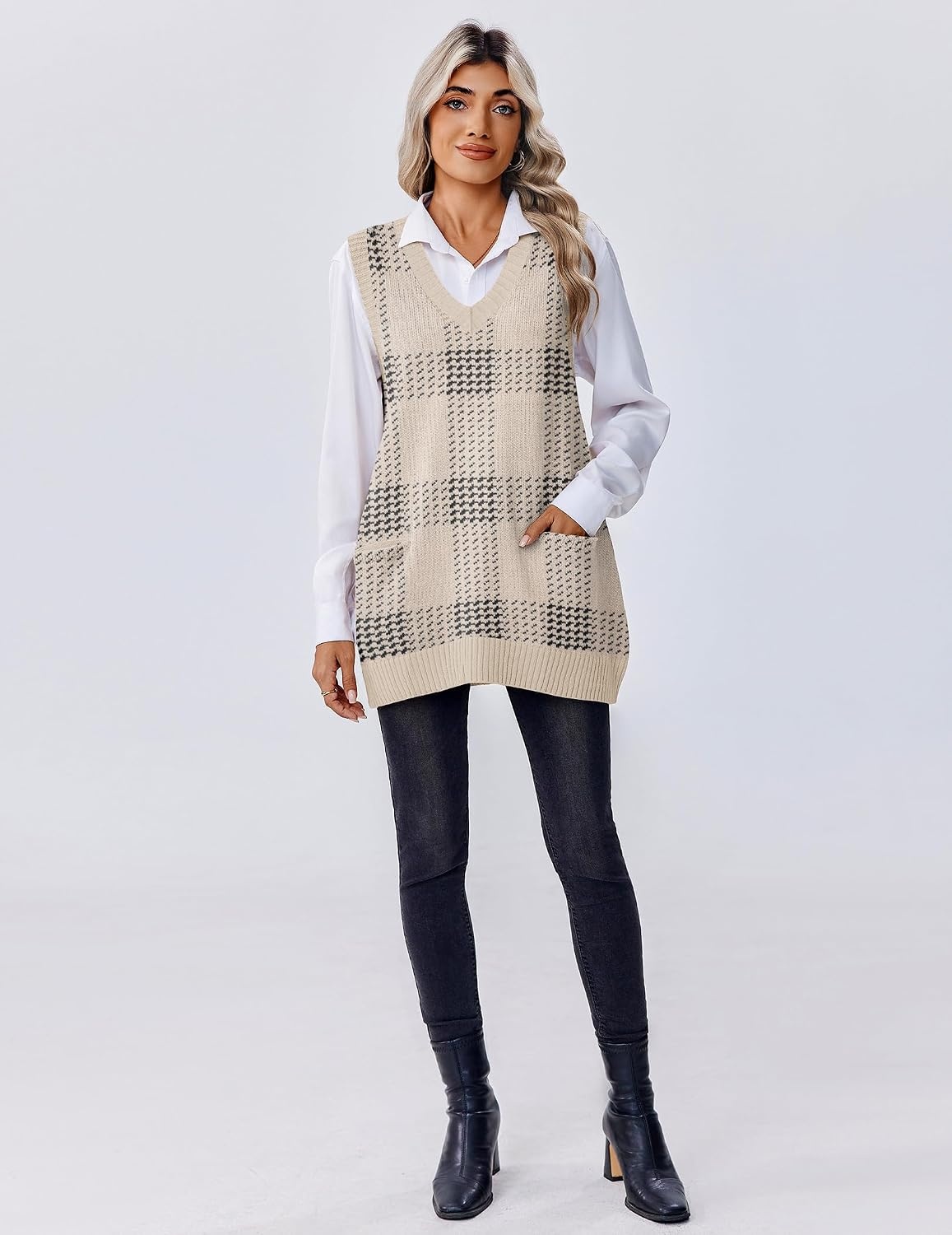 image:imageZeagoo Womens Sweater Vest 2026 Oversized Sleeveless V Neck Pullovers with Pocket Knitted Fall OutfitsKhaki Plaid