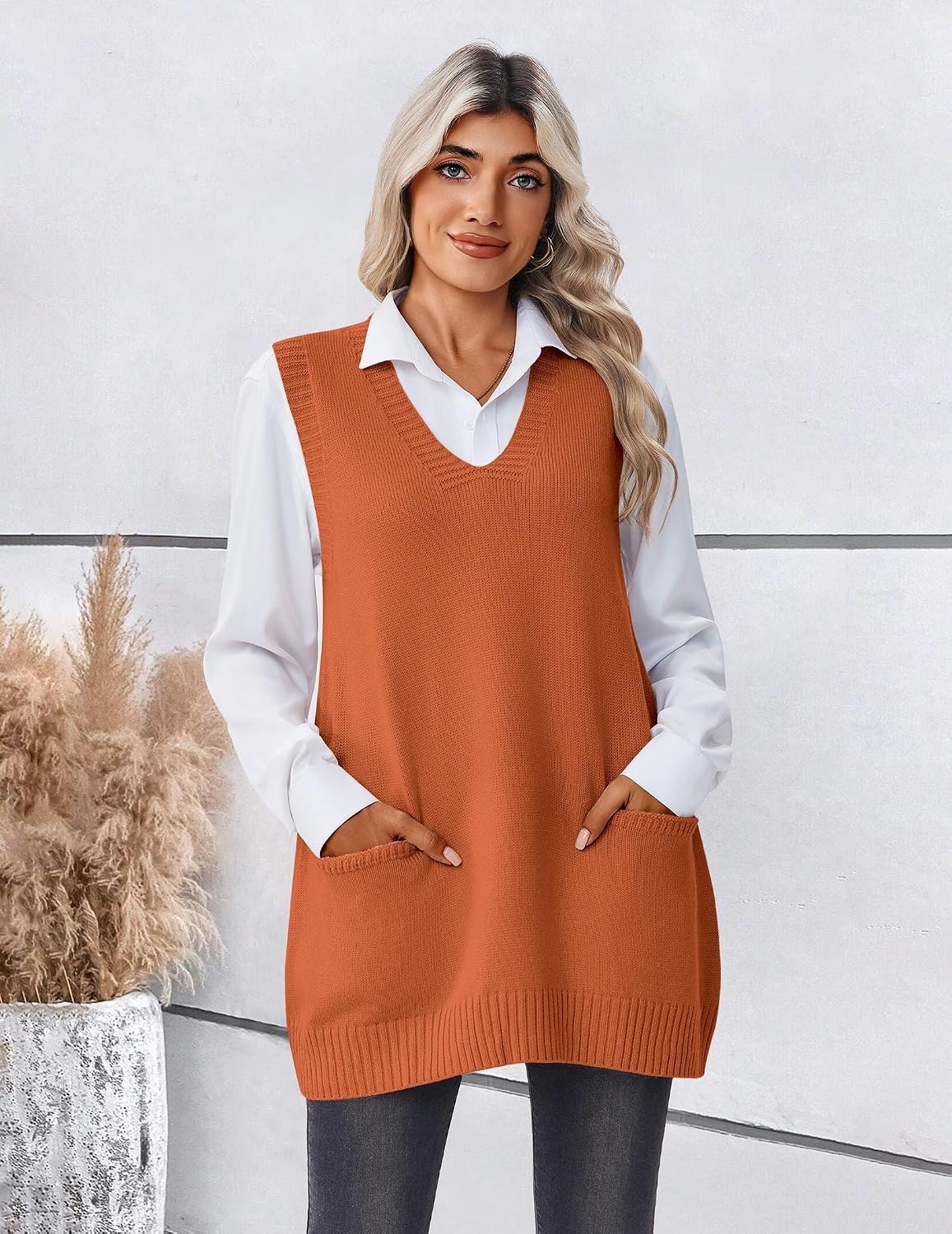 image:imageZeagoo Womens Sweater Vest 2026 Oversized Sleeveless V Neck Pullovers with Pocket Knitted Fall OutfitsOrange