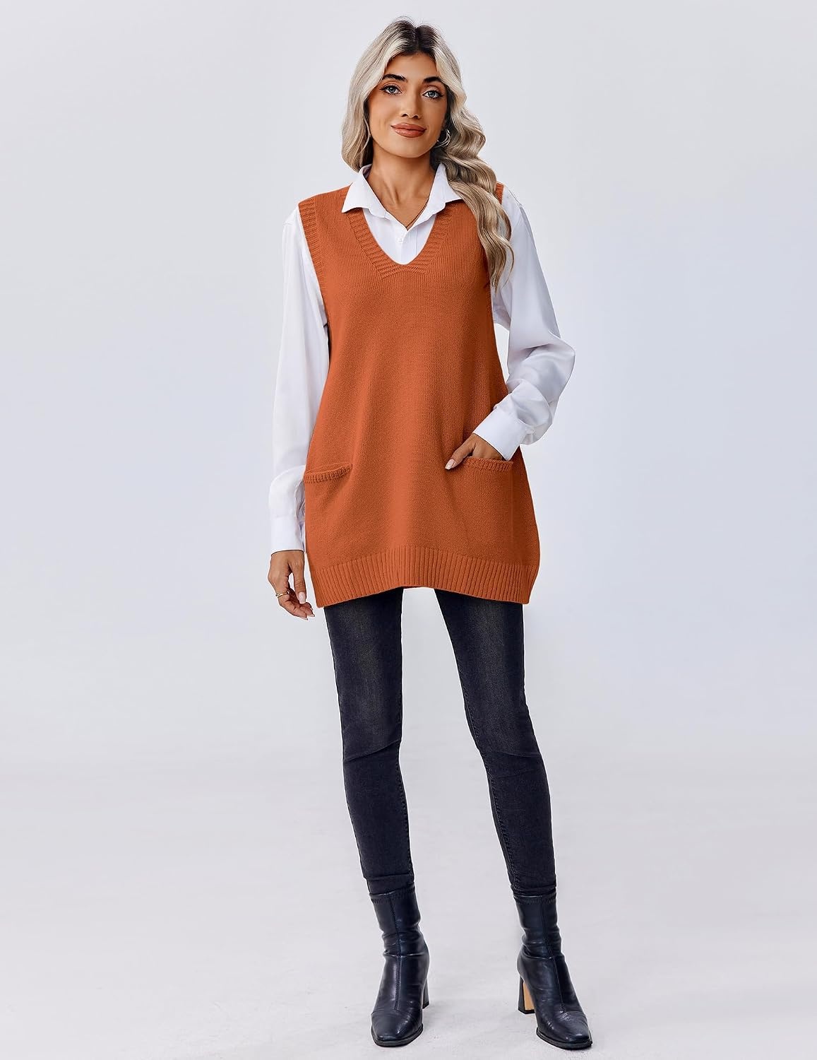 image:imageZeagoo Womens Sweater Vest 2026 Oversized Sleeveless V Neck Pullovers with Pocket Knitted Fall OutfitsOrange