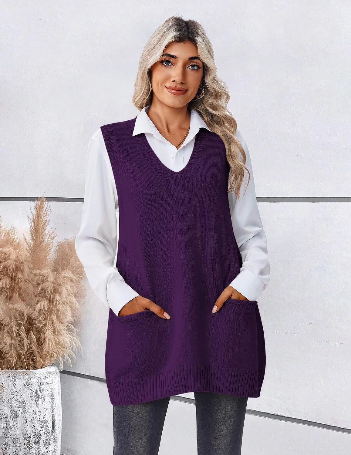 image:imageZeagoo Womens Sweater Vest 2026 Oversized Sleeveless V Neck Pullovers with Pocket Knitted Fall OutfitsPurple