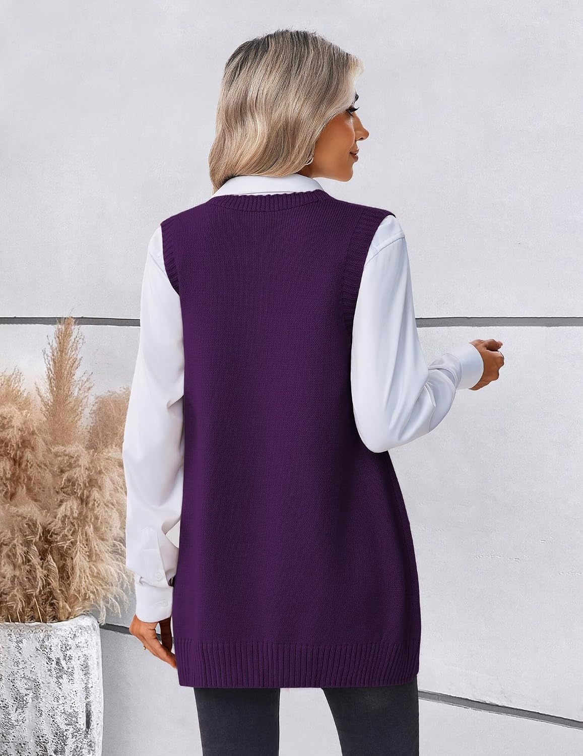 image:imageZeagoo Womens Sweater Vest 2026 Oversized Sleeveless V Neck Pullovers with Pocket Knitted Fall OutfitsPurple