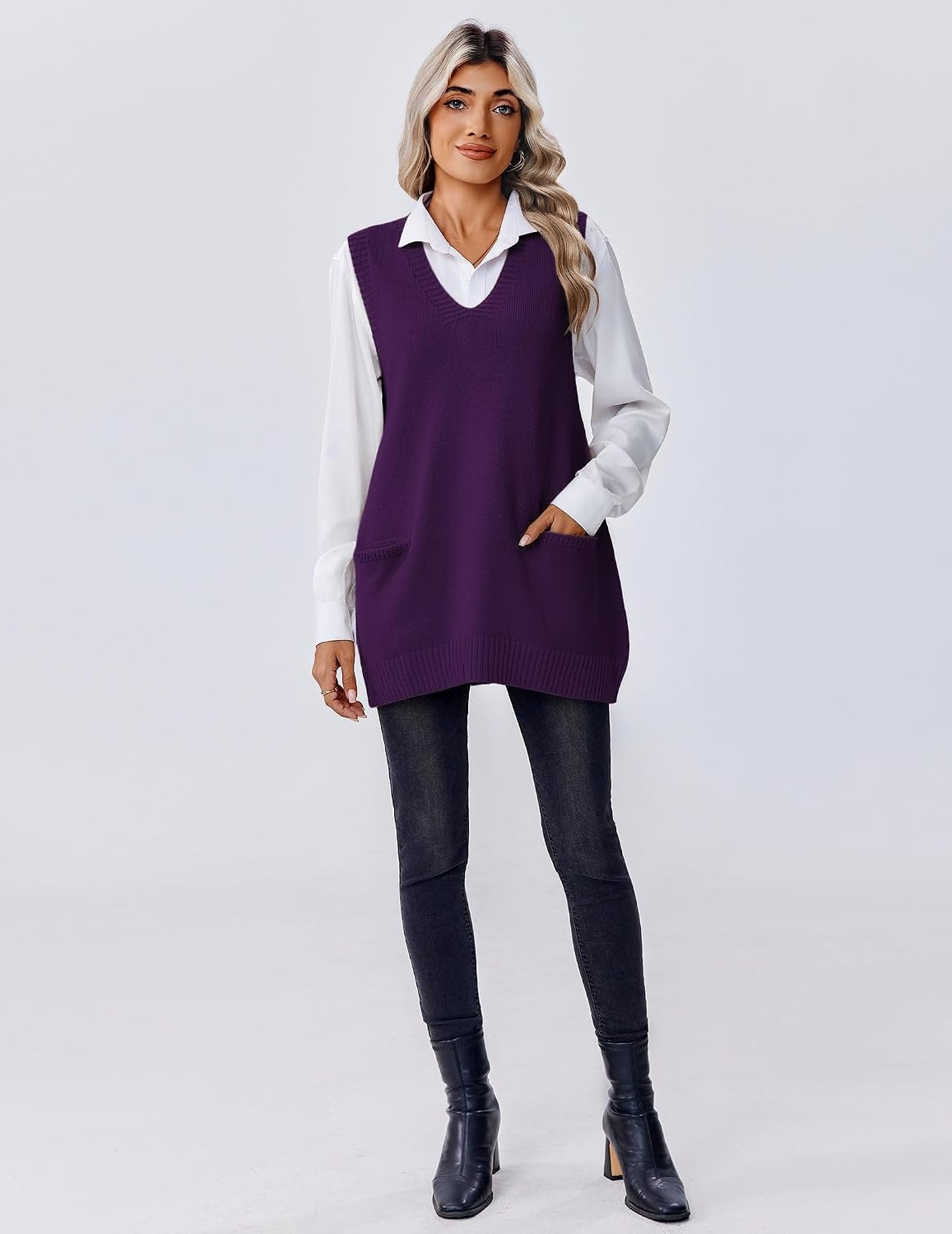 image:imageZeagoo Womens Sweater Vest 2026 Oversized Sleeveless V Neck Pullovers with Pocket Knitted Fall OutfitsPurple