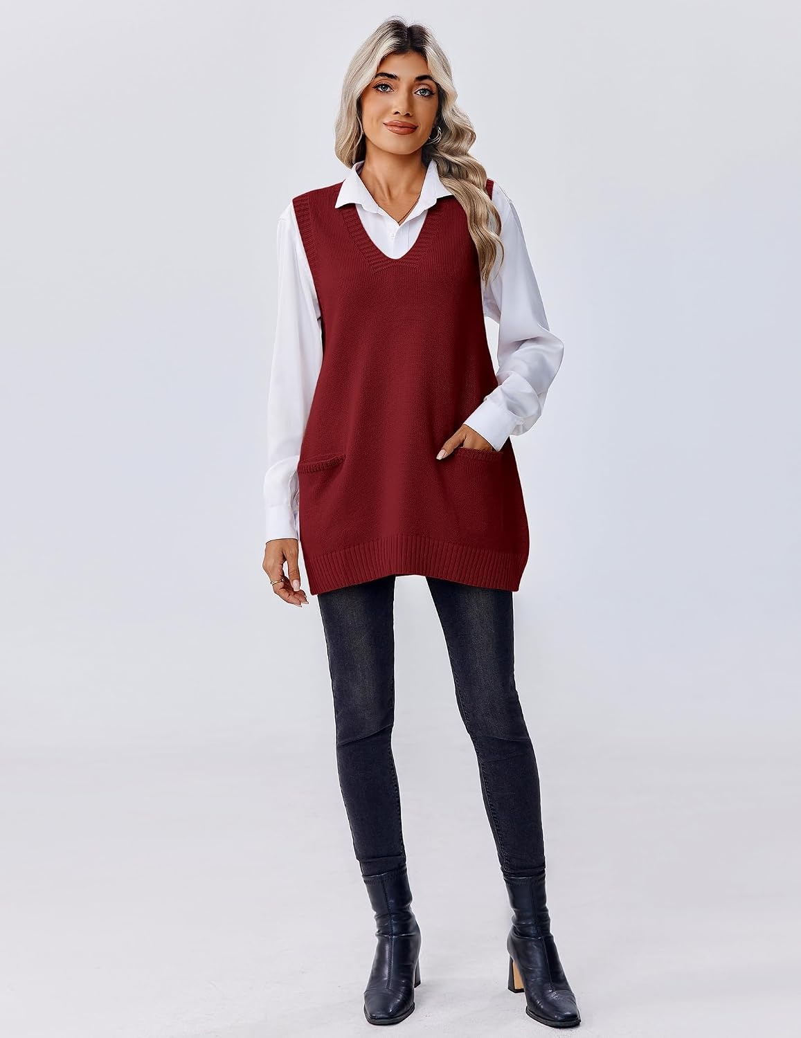 image:imageZeagoo Womens Sweater Vest 2026 Oversized Sleeveless V Neck Pullovers with Pocket Knitted Fall OutfitsWine Red