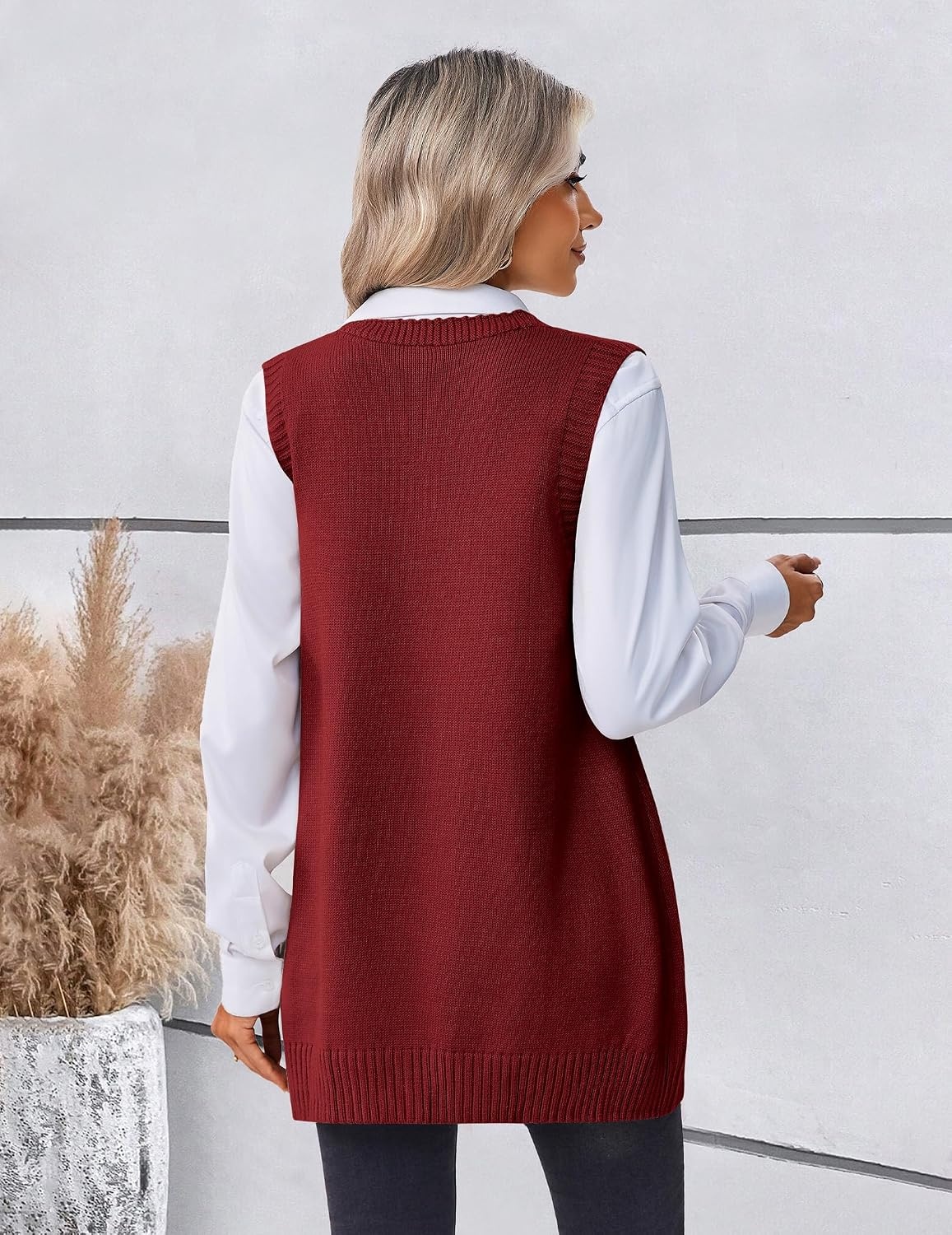 image:imageZeagoo Womens Sweater Vest 2026 Oversized Sleeveless V Neck Pullovers with Pocket Knitted Fall OutfitsWine Red