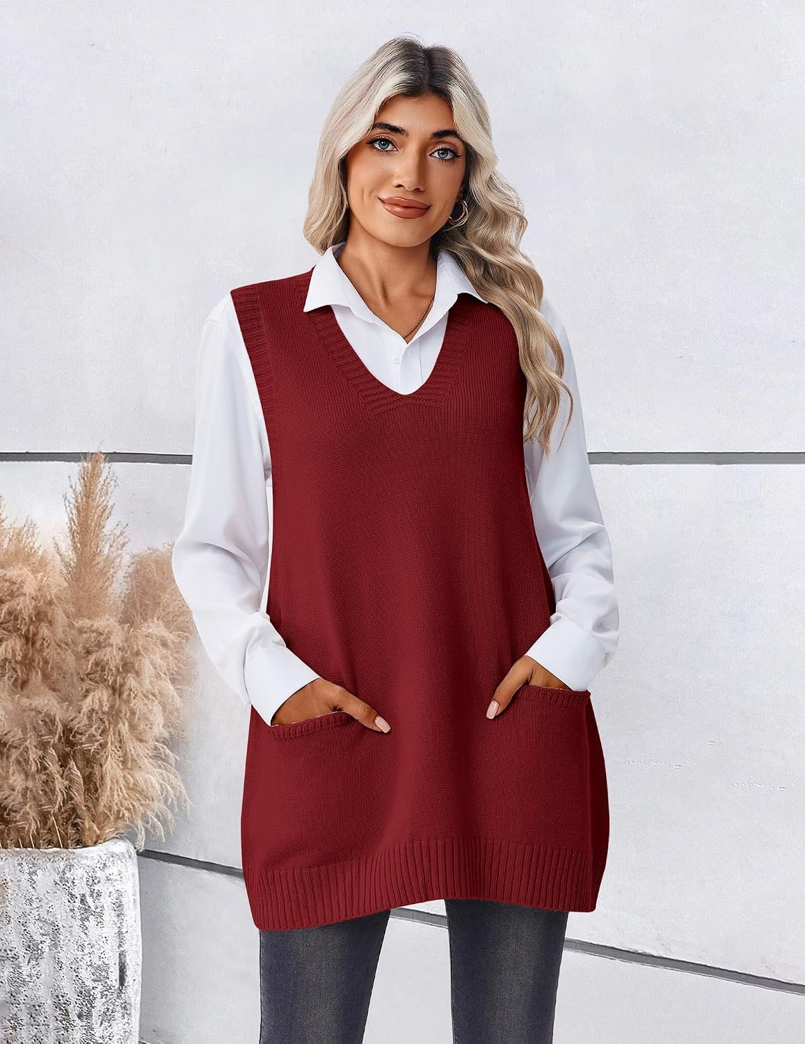 image:imageZeagoo Womens Sweater Vest 2026 Oversized Sleeveless V Neck Pullovers with Pocket Knitted Fall OutfitsWine Red