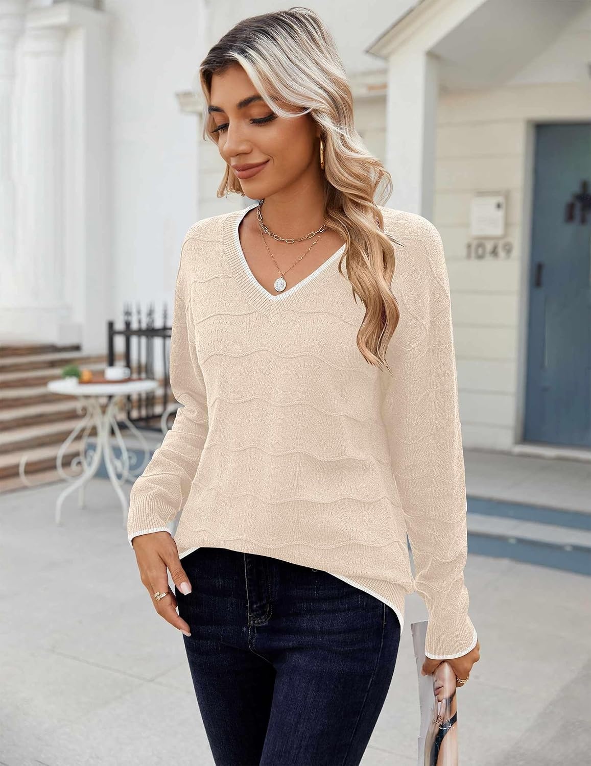image:imageZeagoo Womens Sweaters Fall Casual Long Sleeve V Neck Shirts Lightweight Crochet Ribbed Knit Pullover Tops OutfitsApricot