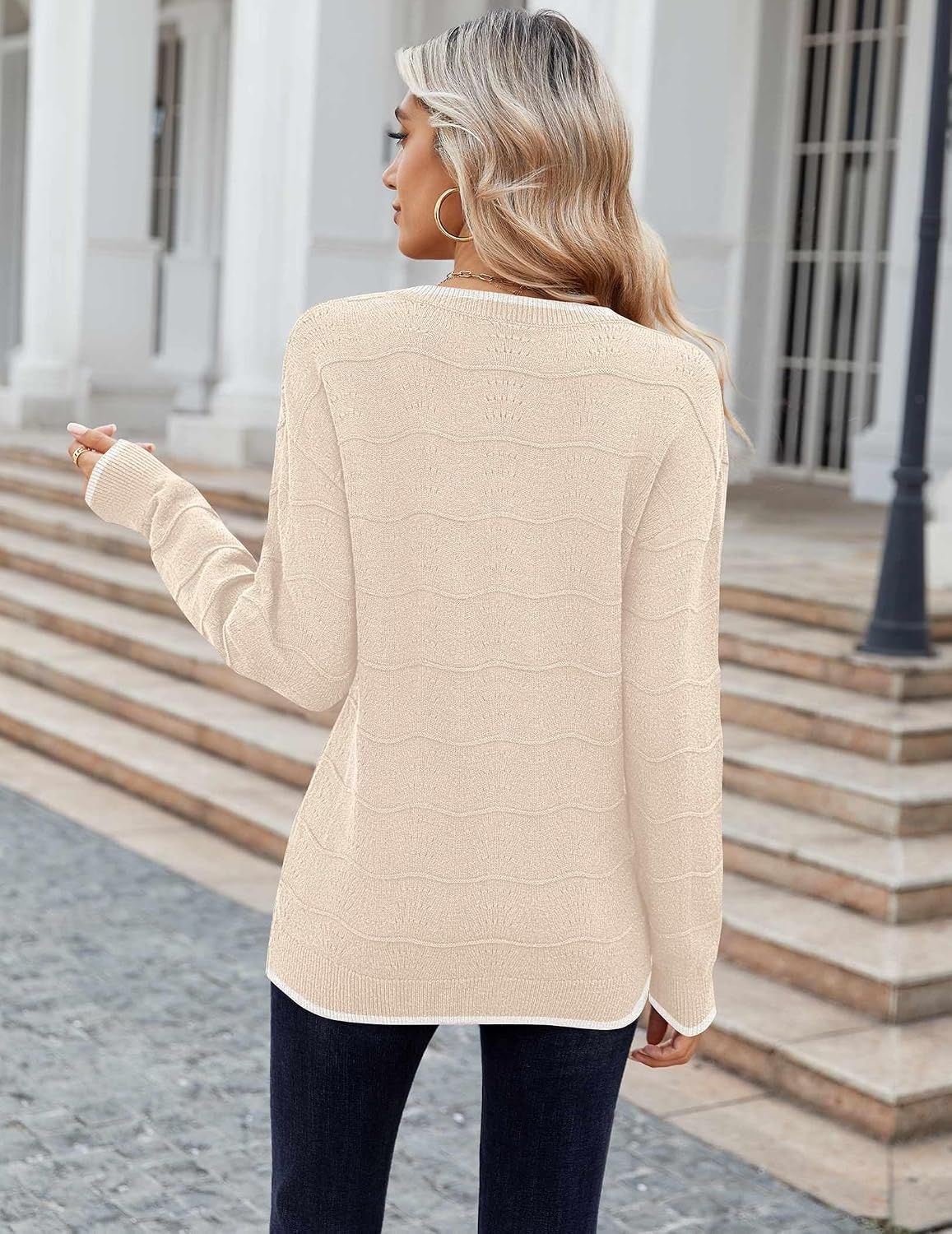 image:imageZeagoo Womens Sweaters Fall Casual Long Sleeve V Neck Shirts Lightweight Crochet Ribbed Knit Pullover Tops OutfitsApricot