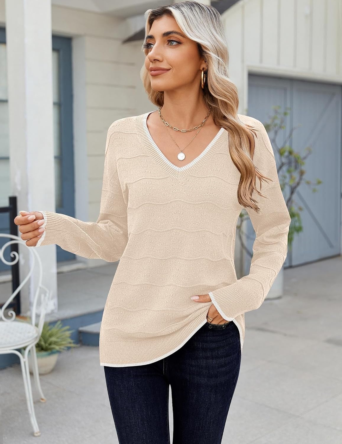 image:imageZeagoo Womens Sweaters Fall Casual Long Sleeve V Neck Shirts Lightweight Crochet Ribbed Knit Pullover Tops OutfitsApricot