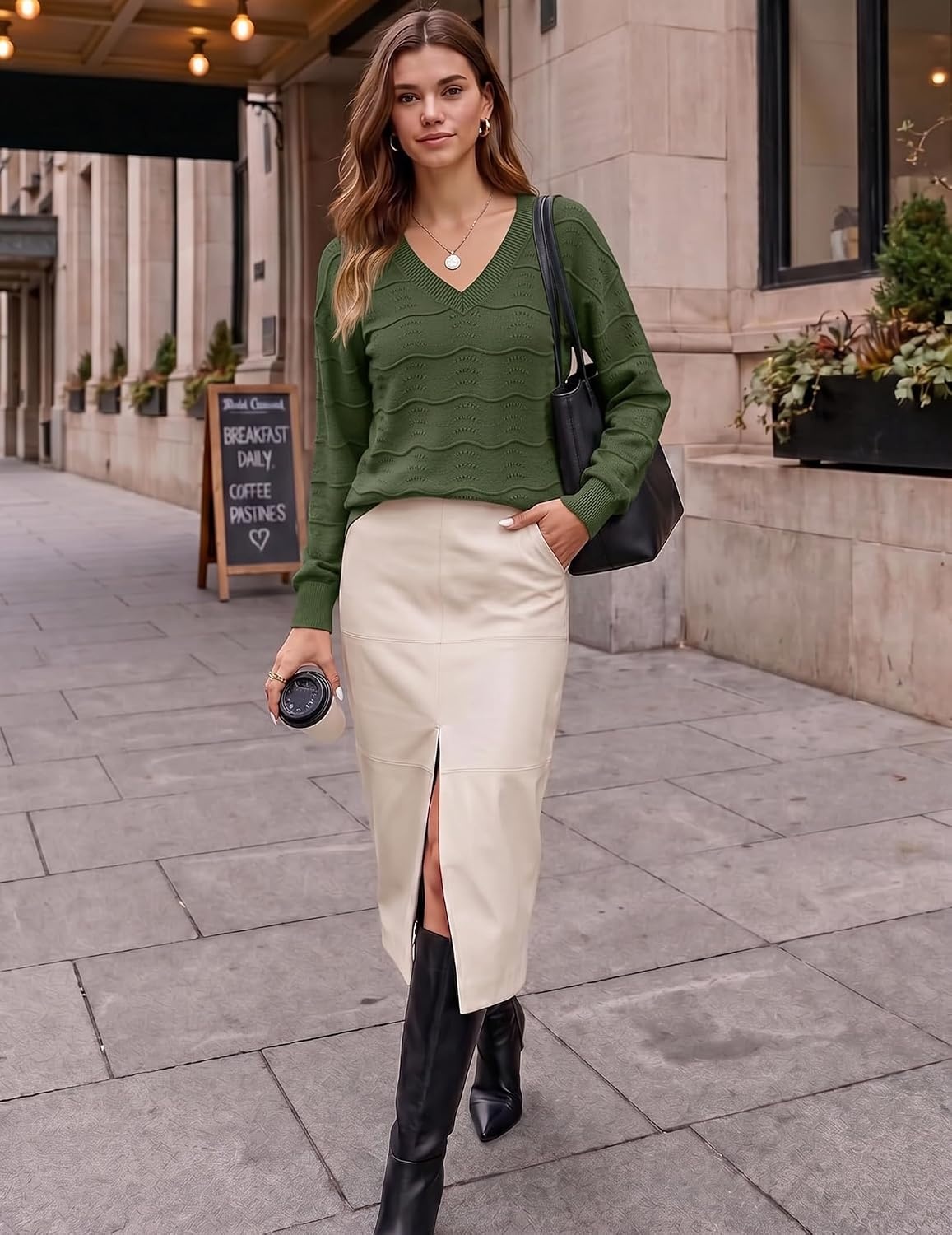 image:imageZeagoo Womens Sweaters Fall Casual Long Sleeve V Neck Shirts Lightweight Crochet Ribbed Knit Pullover Tops OutfitsArmy Green
