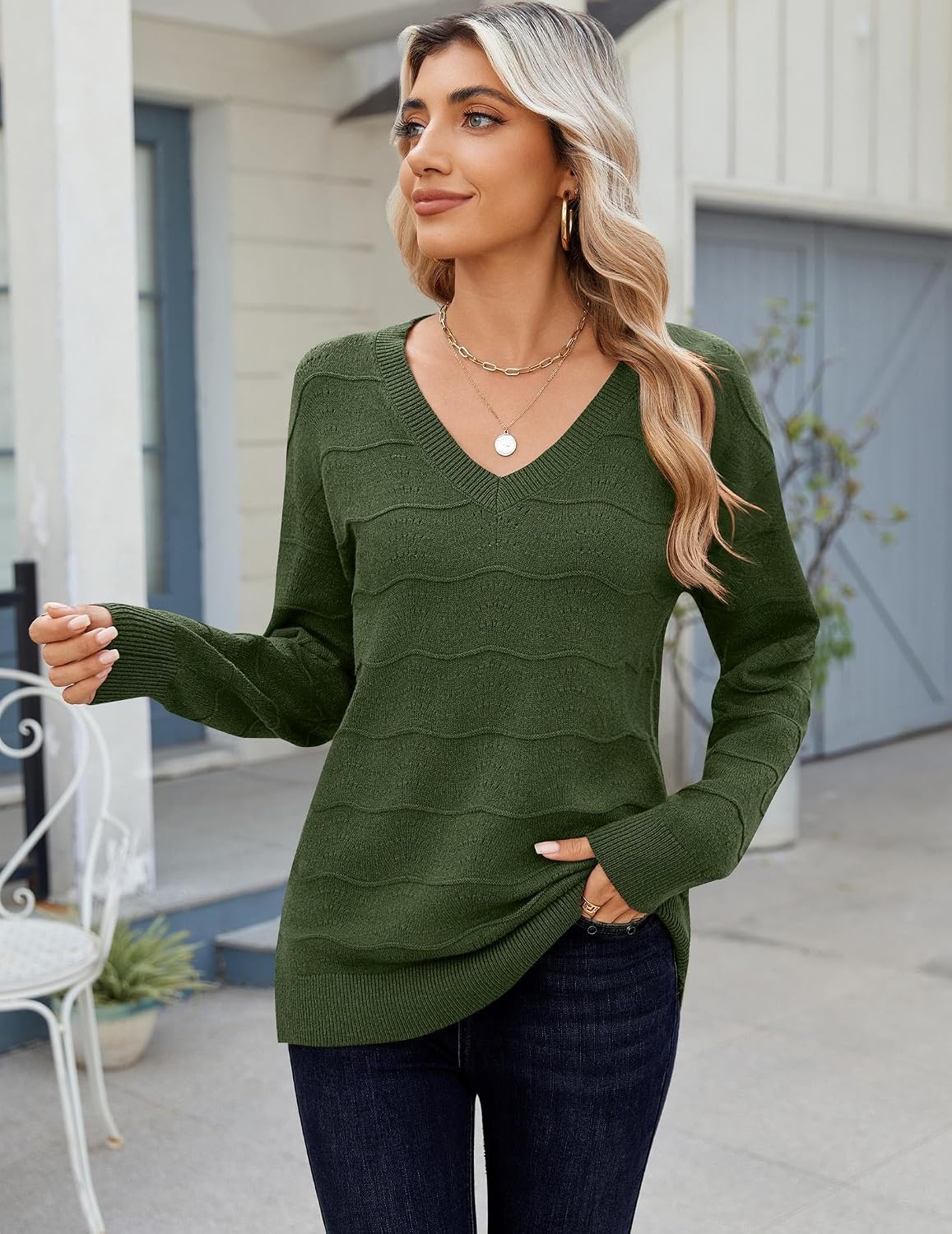image:imageZeagoo Womens Sweaters Fall Casual Long Sleeve V Neck Shirts Lightweight Crochet Ribbed Knit Pullover Tops OutfitsArmy Green