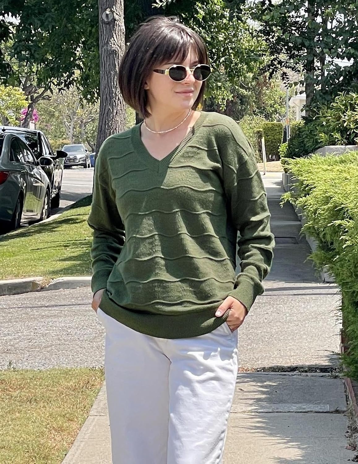 image:imageZeagoo Womens Sweaters Fall Casual Long Sleeve V Neck Shirts Lightweight Crochet Ribbed Knit Pullover Tops OutfitsArmy Green
