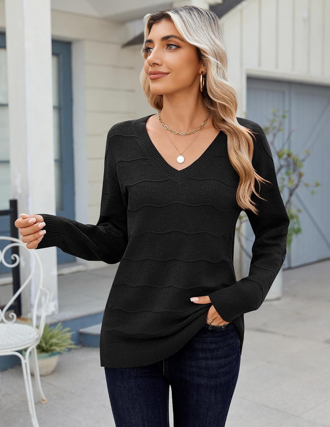 image:imageZeagoo Womens Sweaters Fall Casual Long Sleeve V Neck Shirts Lightweight Crochet Ribbed Knit Pullover Tops OutfitsBlack