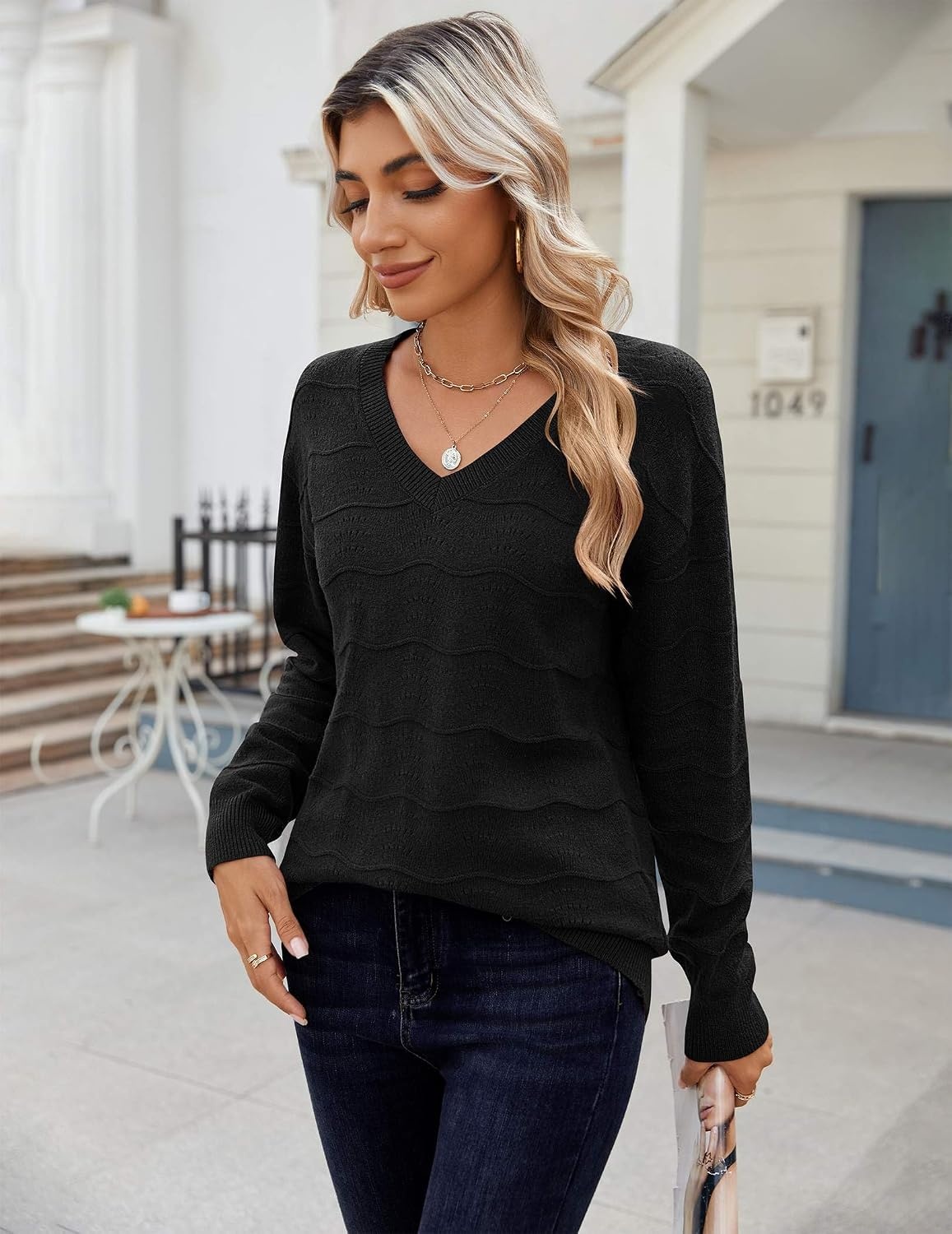 image:imageZeagoo Womens Sweaters Fall Casual Long Sleeve V Neck Shirts Lightweight Crochet Ribbed Knit Pullover Tops OutfitsBlack