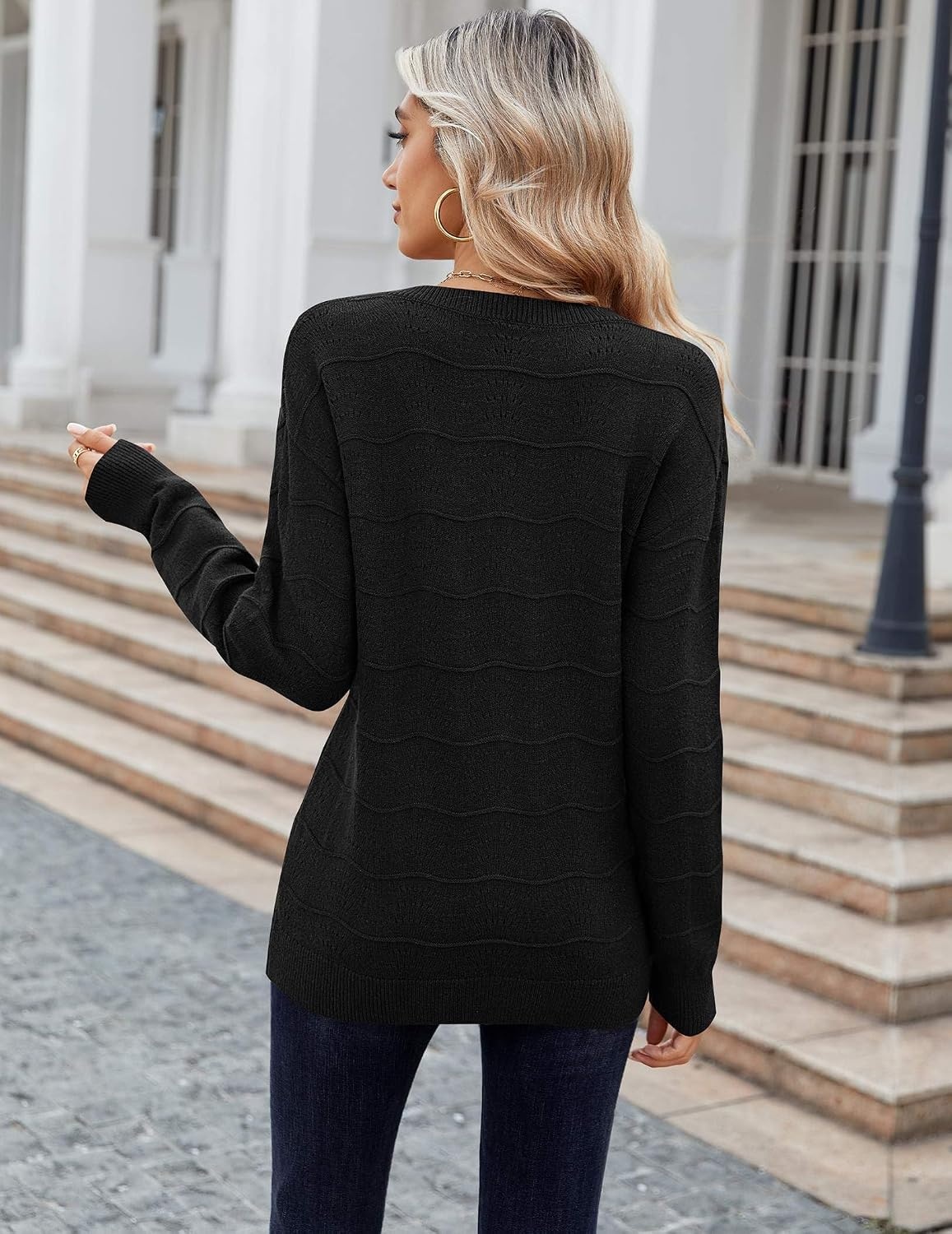 image:imageZeagoo Womens Sweaters Fall Casual Long Sleeve V Neck Shirts Lightweight Crochet Ribbed Knit Pullover Tops OutfitsBlack