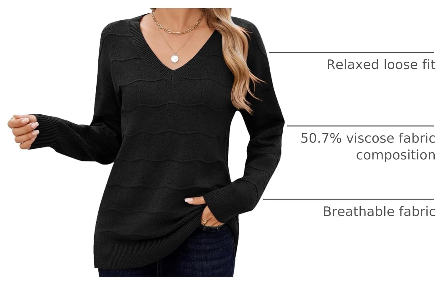 image:imageZeagoo Womens Sweaters Fall Casual Long Sleeve V Neck Shirts Lightweight Crochet Ribbed Knit Pullover Tops OutfitsBlack