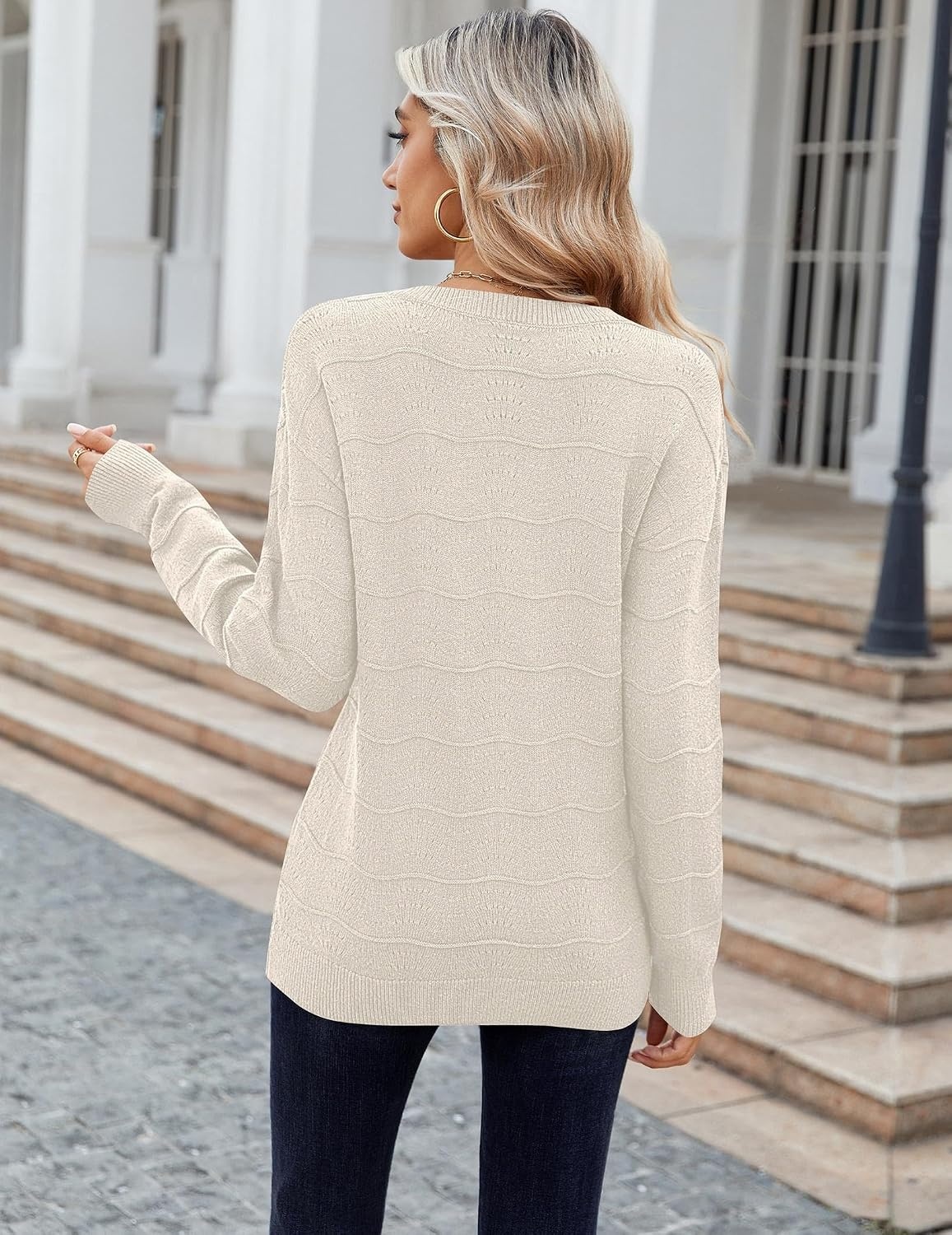 image:imageZeagoo Womens Sweaters Fall Casual Long Sleeve V Neck Shirts Lightweight Crochet Ribbed Knit Pullover Tops OutfitsBow
