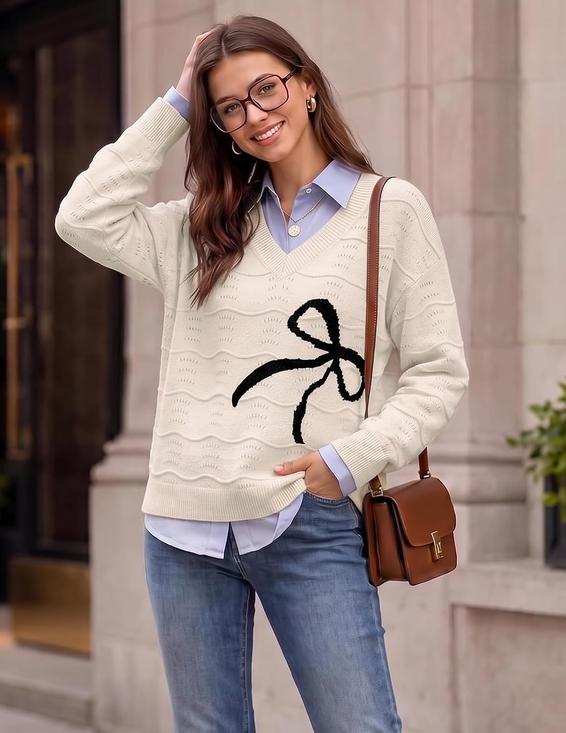 image:imageZeagoo Womens Sweaters Fall Casual Long Sleeve V Neck Shirts Lightweight Crochet Ribbed Knit Pullover Tops OutfitsBow