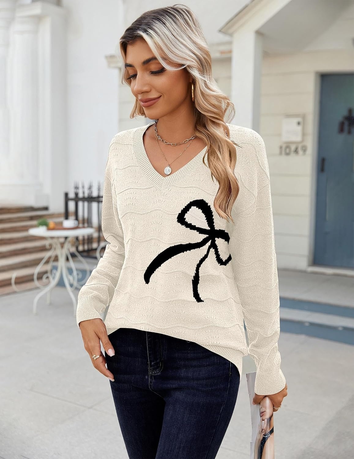 image:imageZeagoo Womens Sweaters Fall Casual Long Sleeve V Neck Shirts Lightweight Crochet Ribbed Knit Pullover Tops OutfitsBow