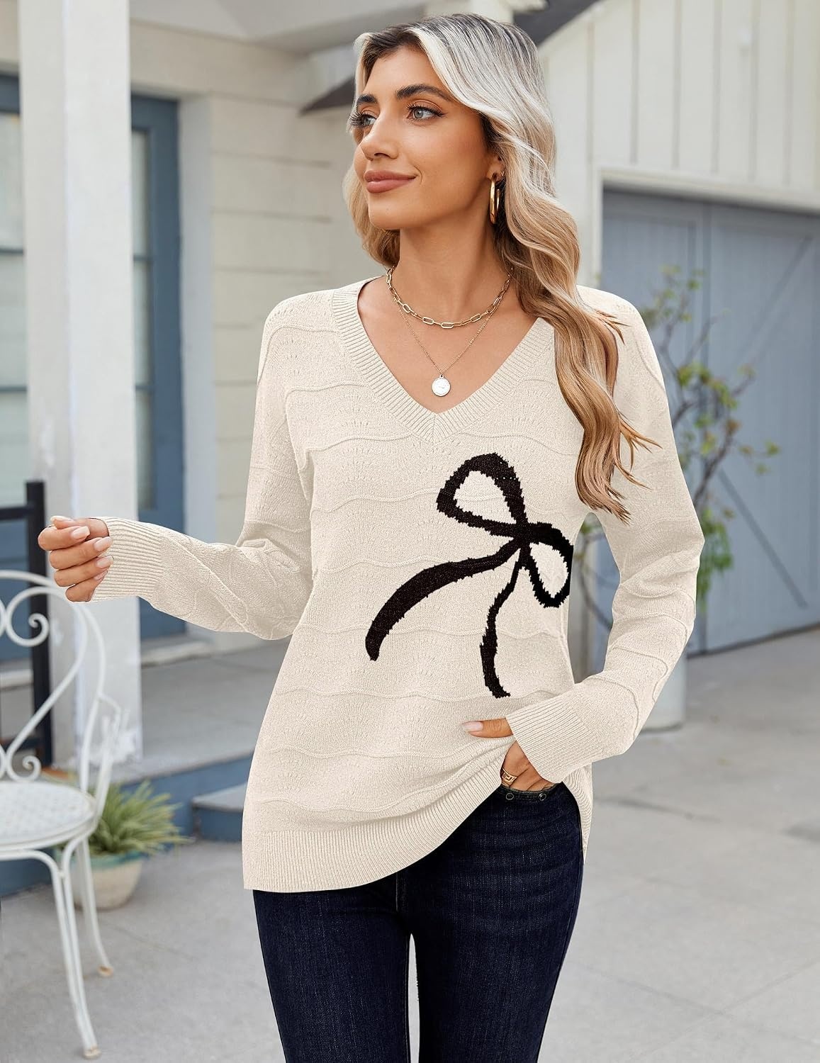 image:imageZeagoo Womens Sweaters Fall Casual Long Sleeve V Neck Shirts Lightweight Crochet Ribbed Knit Pullover Tops OutfitsBow