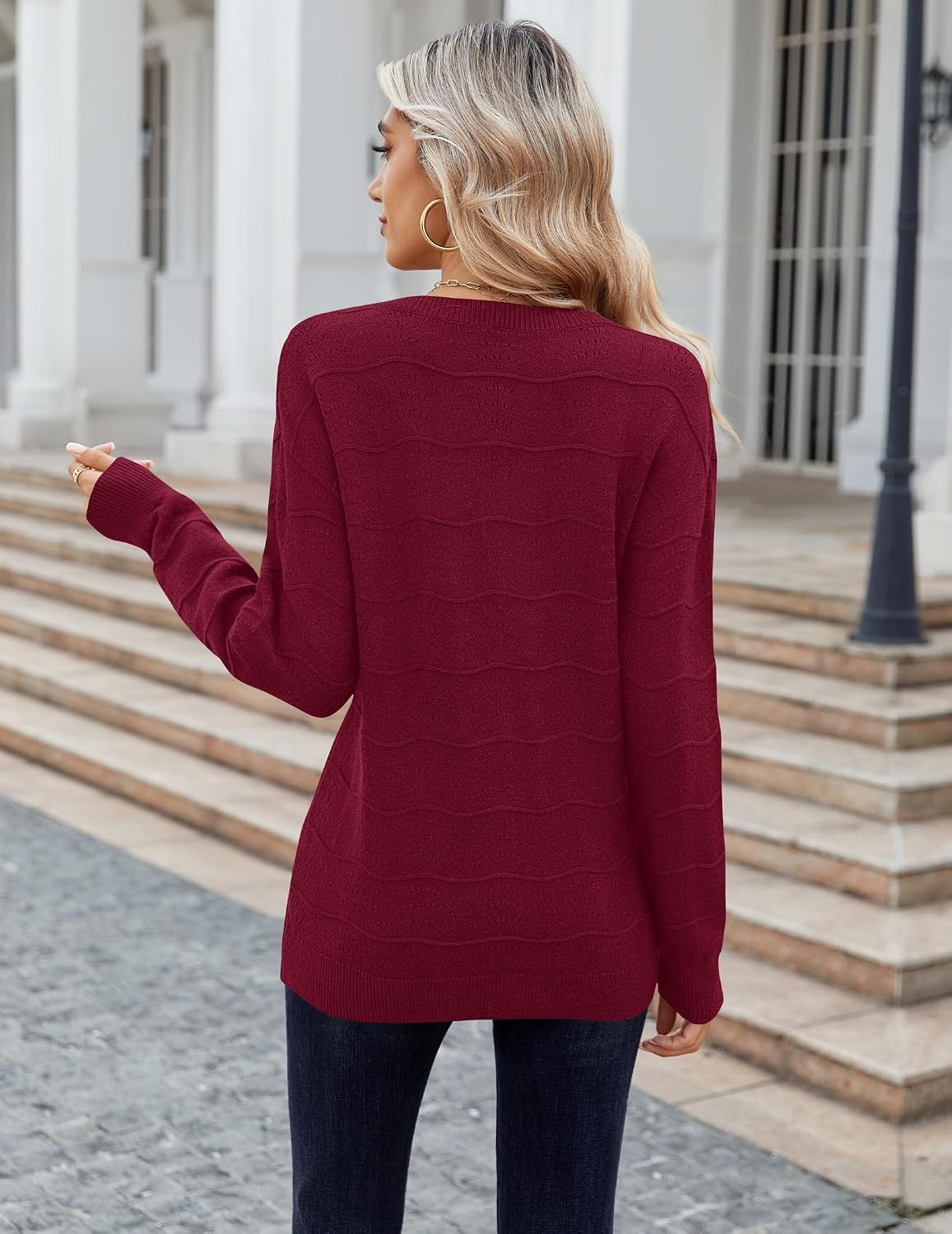 image:imageZeagoo Womens Sweaters Fall Casual Long Sleeve V Neck Shirts Lightweight Crochet Ribbed Knit Pullover Tops OutfitsBowwine Red