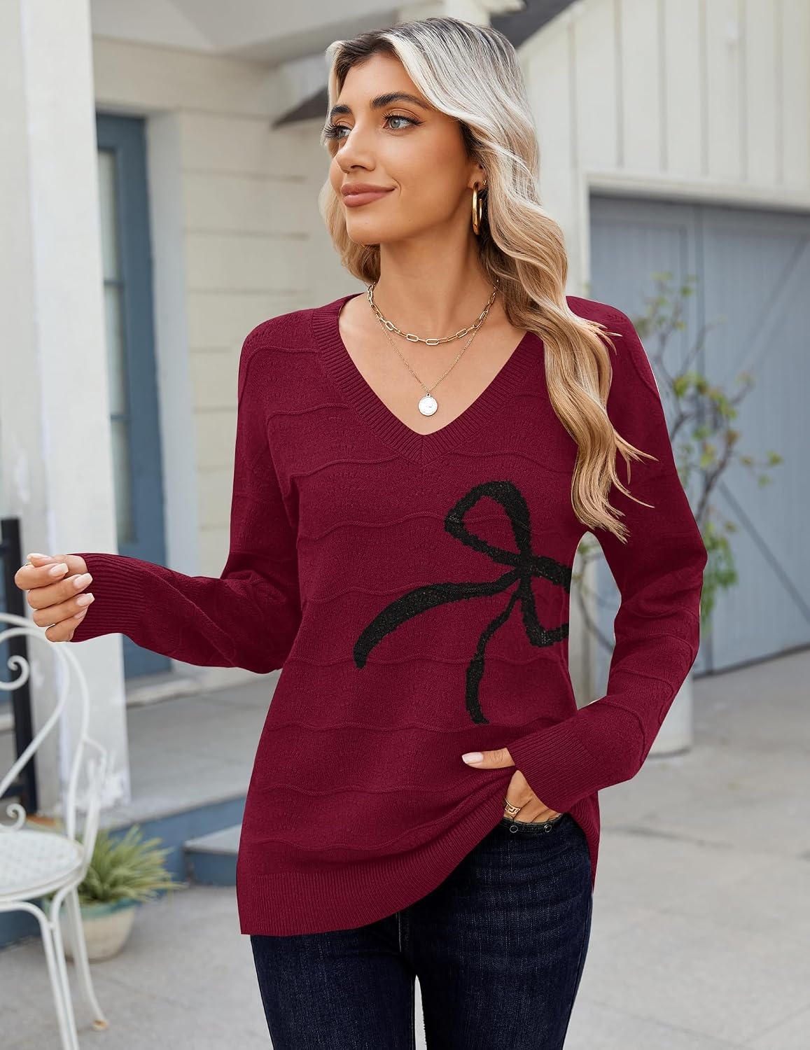 image:imageZeagoo Womens Sweaters Fall Casual Long Sleeve V Neck Shirts Lightweight Crochet Ribbed Knit Pullover Tops OutfitsBowwine Red