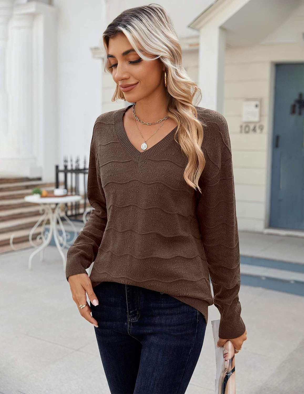 image:imageZeagoo Womens Sweaters Fall Casual Long Sleeve V Neck Shirts Lightweight Crochet Ribbed Knit Pullover Tops OutfitsBrown