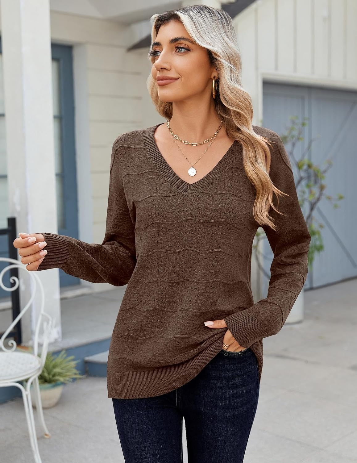 image:imageZeagoo Womens Sweaters Fall Casual Long Sleeve V Neck Shirts Lightweight Crochet Ribbed Knit Pullover Tops OutfitsBrown