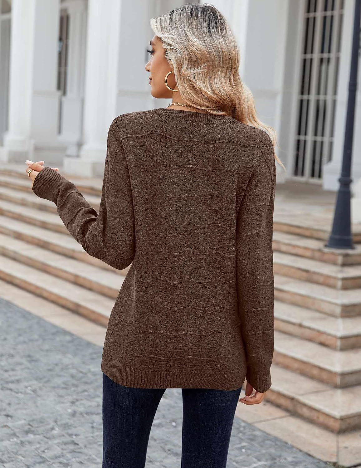 image:imageZeagoo Womens Sweaters Fall Casual Long Sleeve V Neck Shirts Lightweight Crochet Ribbed Knit Pullover Tops OutfitsBrown