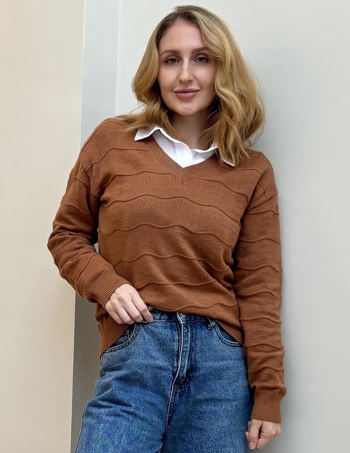 image:imageZeagoo Womens Sweaters Fall Casual Long Sleeve V Neck Shirts Lightweight Crochet Ribbed Knit Pullover Tops OutfitsCaramel
