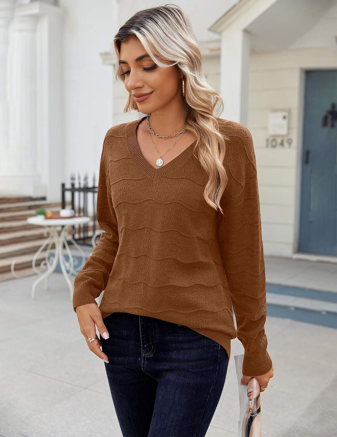 image:imageZeagoo Womens Sweaters Fall Casual Long Sleeve V Neck Shirts Lightweight Crochet Ribbed Knit Pullover Tops OutfitsCaramel