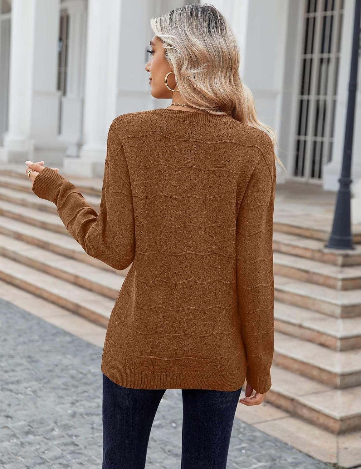 image:imageZeagoo Womens Sweaters Fall Casual Long Sleeve V Neck Shirts Lightweight Crochet Ribbed Knit Pullover Tops OutfitsCaramel